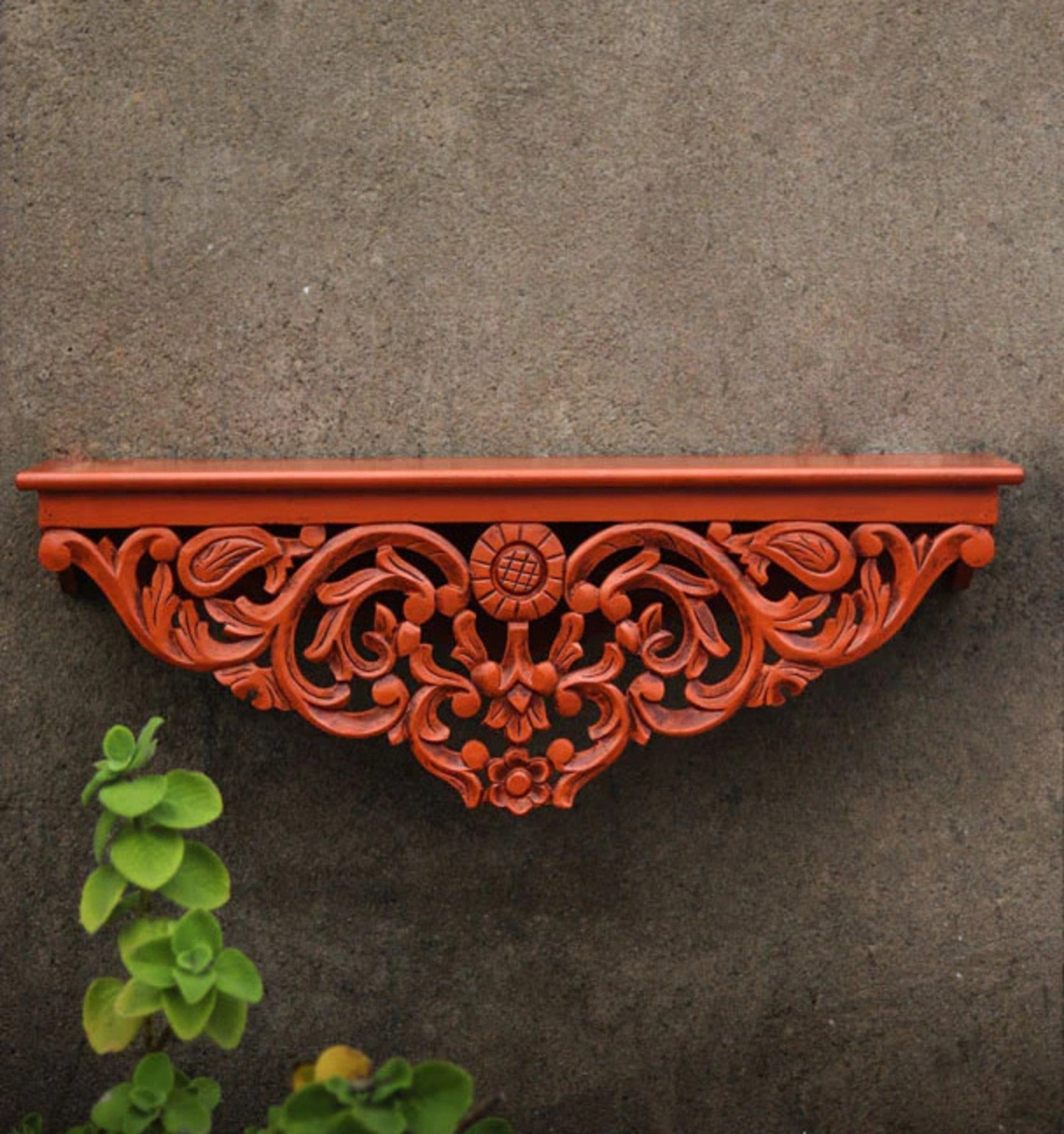 Hand-Carved Floral Wooden Wall Shelf with Terracotta Finish - DOBRI ARTS AU