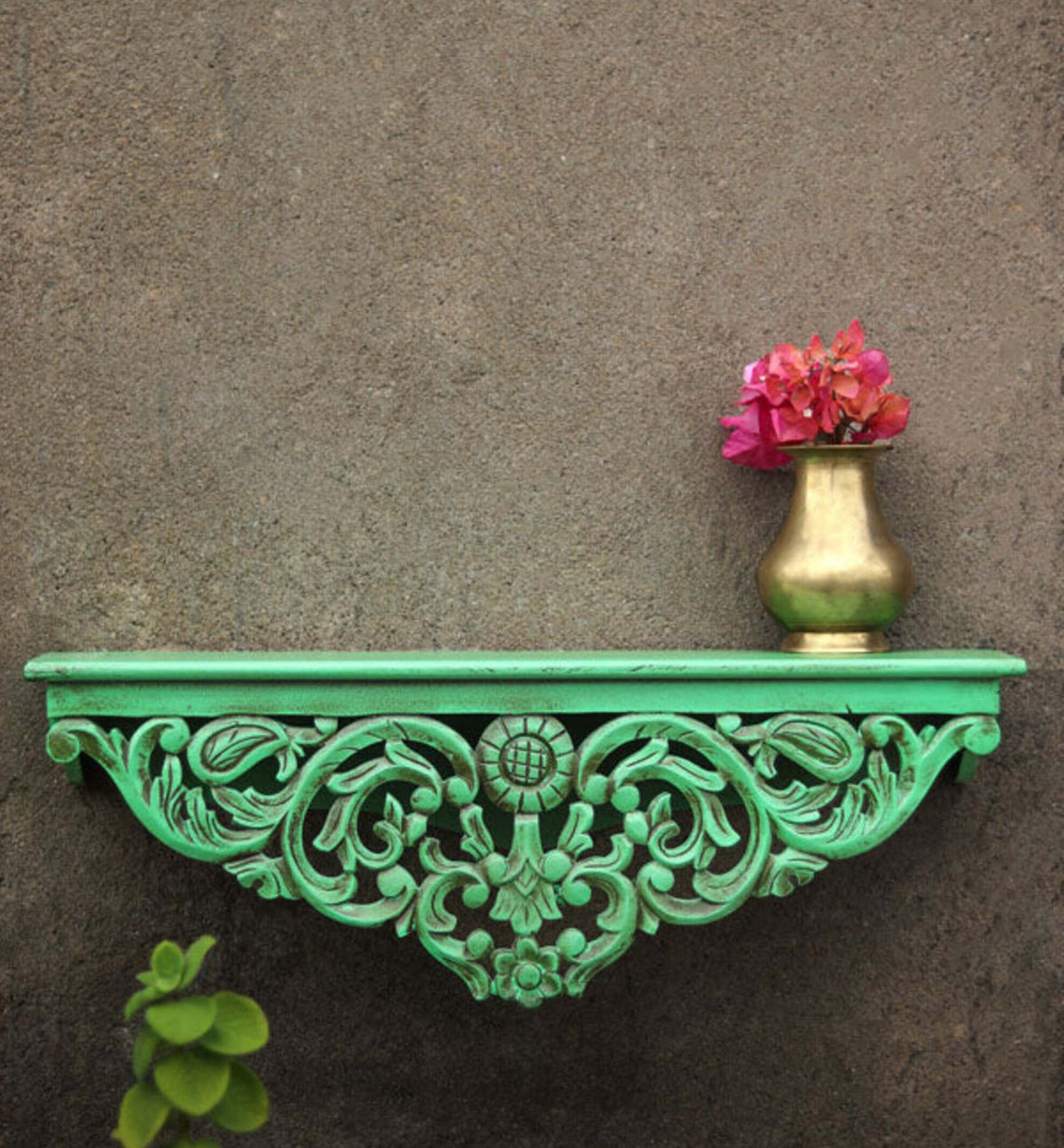 Hand-Carved Floral Wooden Wall Shelf with Terracotta Finish - DOBRI ARTS AU