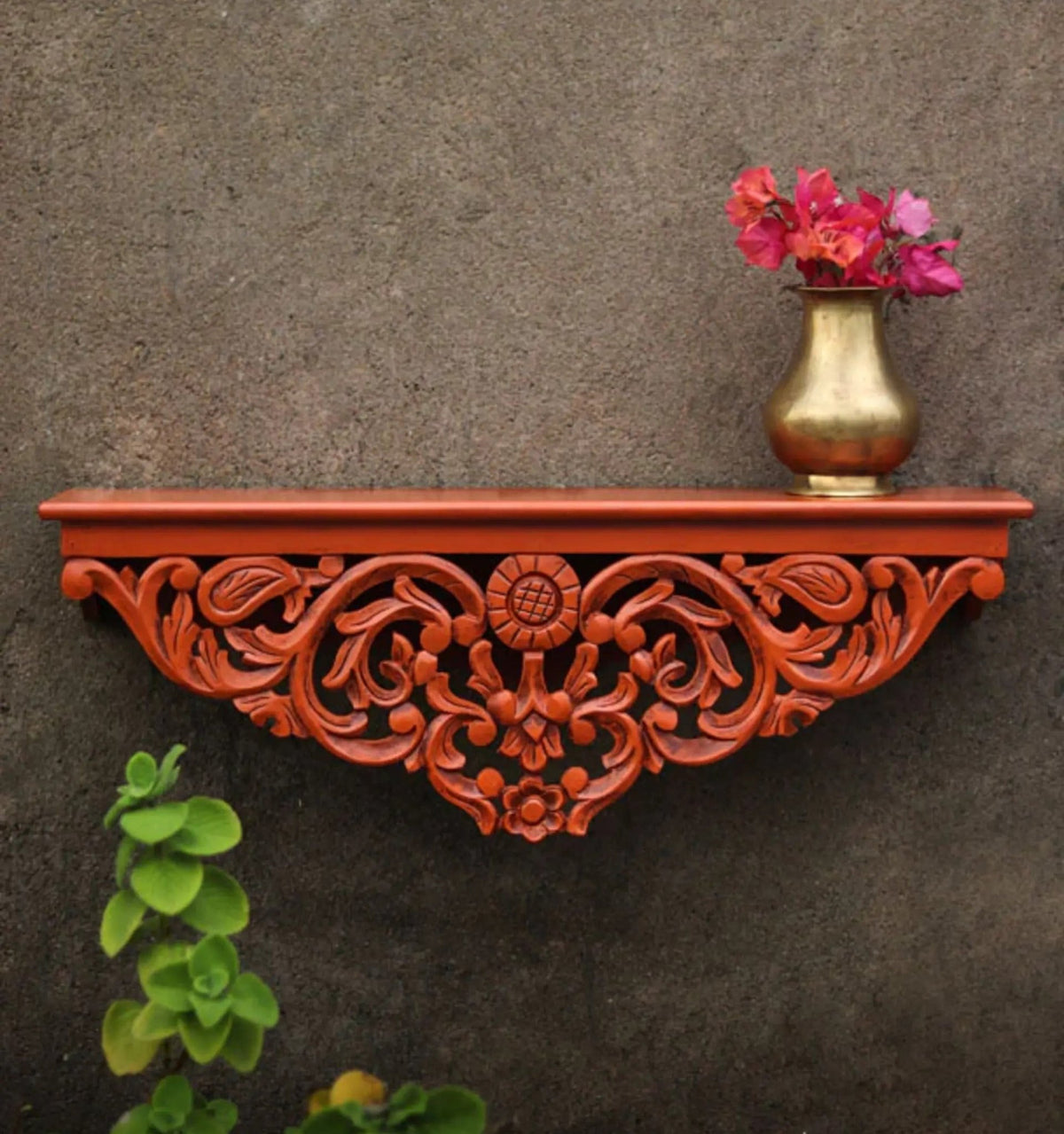 Hand-Carved Floral Wooden Wall Shelf with Terracotta Finish - DOBRI ARTS AU