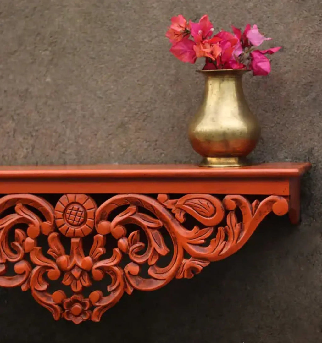 Hand-Carved Floral Wooden Wall Shelf with Terracotta Finish - DOBRI ARTS AU