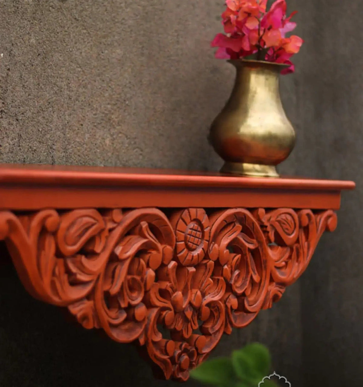 Hand-Carved Floral Wooden Wall Shelf with Terracotta Finish - DOBRI ARTS AU