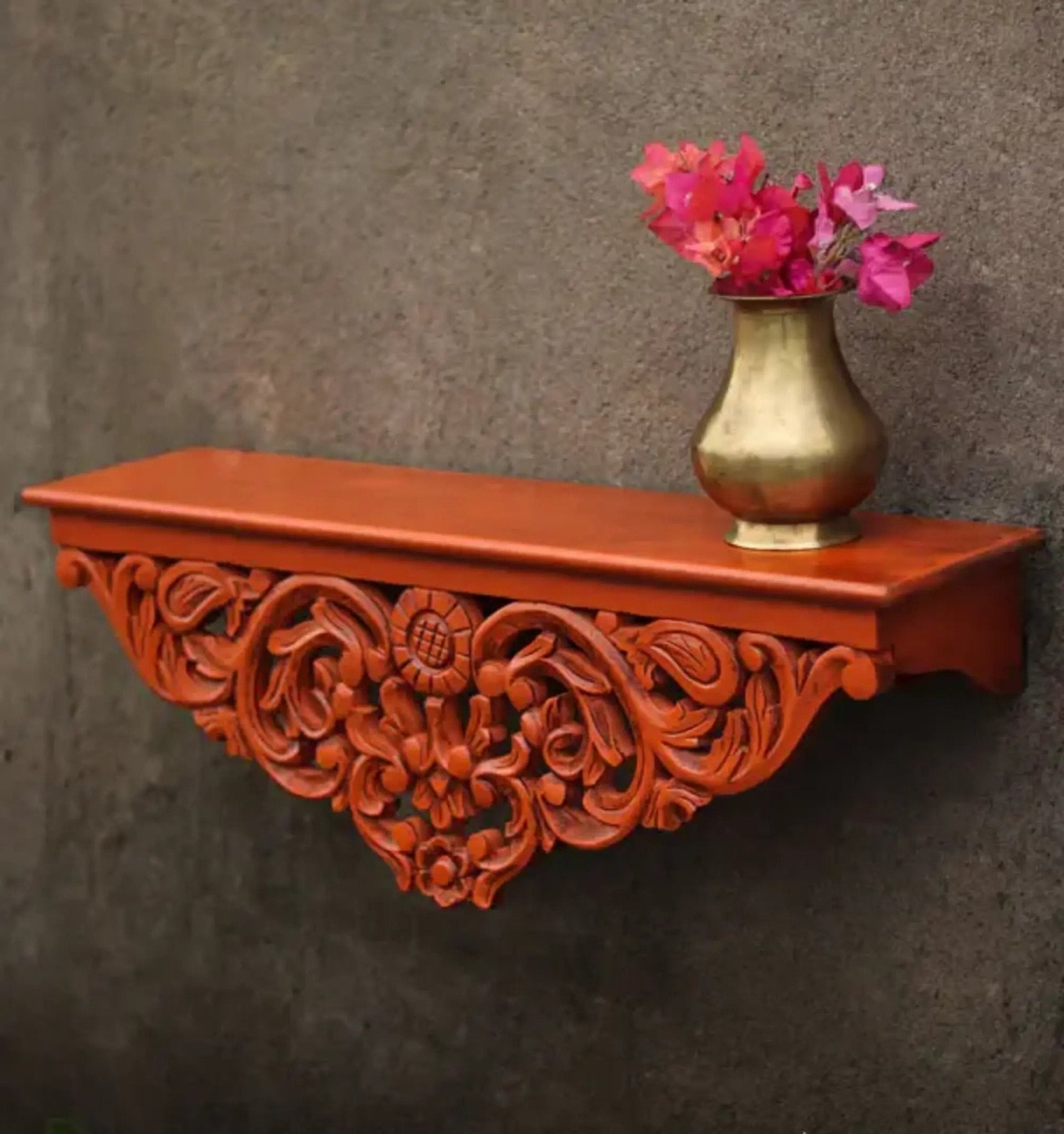 Hand-Carved Floral Wooden Wall Shelf with Terracotta Finish - DOBRI ARTS AU