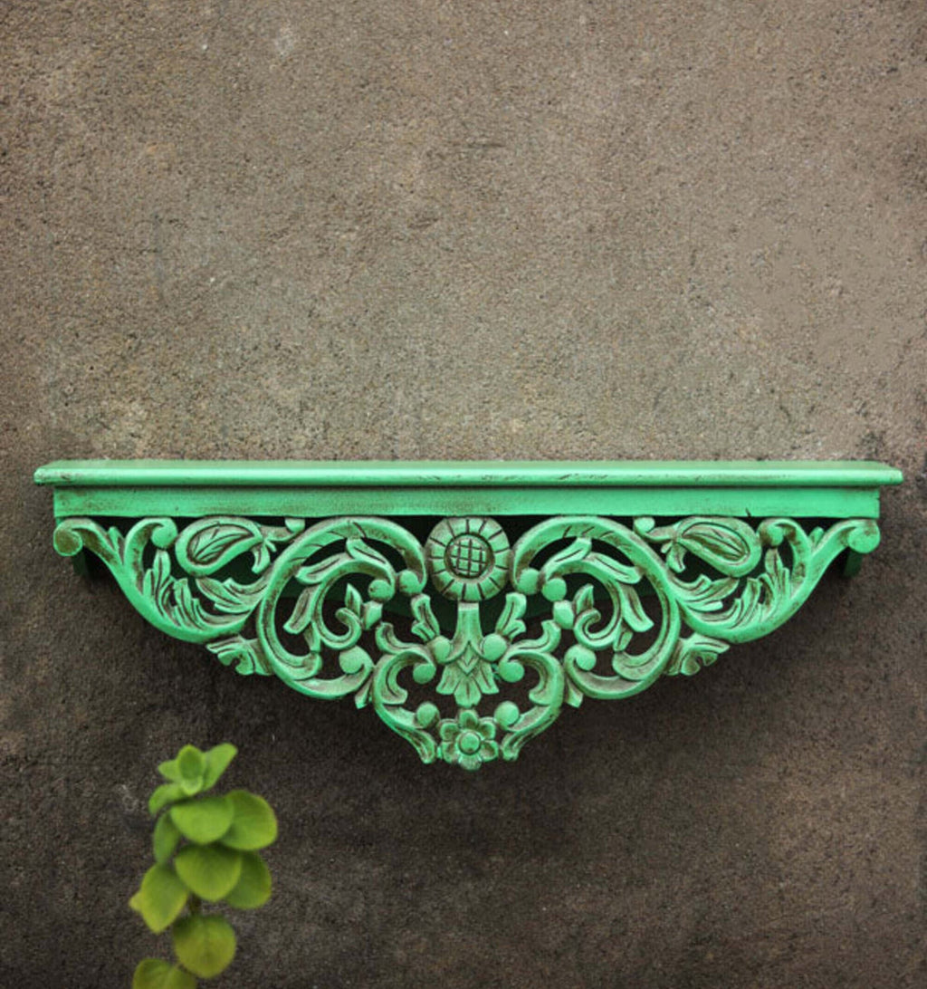 Hand-Carved Floral Wooden Wall Shelf with Terracotta Finish - DOBRI ARTS AU