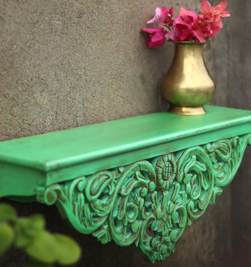 Hand-Carved Floral Wooden Wall Shelf with Terracotta Finish - DOBRI ARTS AU