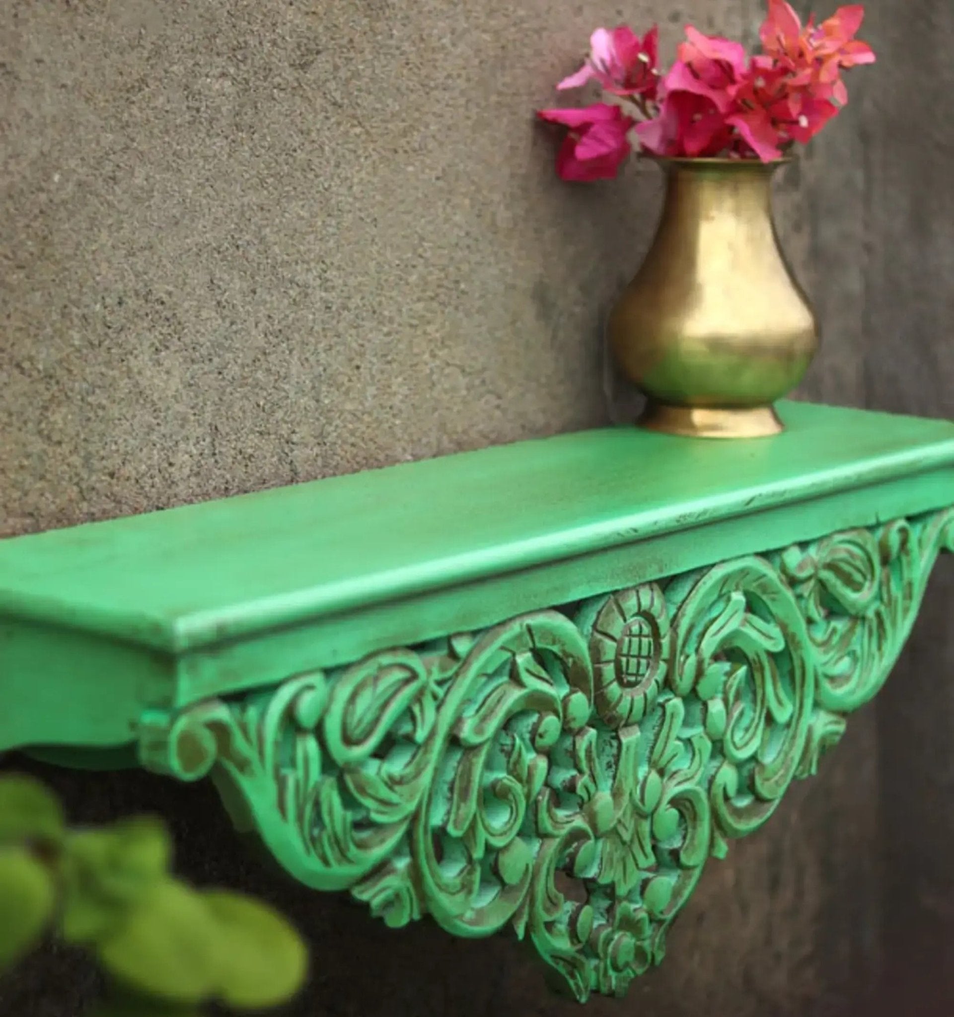 Hand-Carved Floral Wooden Wall Shelf with Terracotta Finish - DOBRI ARTS AU