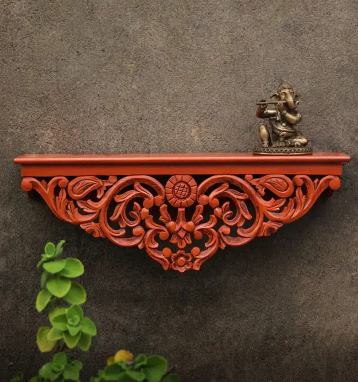 Hand-Carved Floral Wooden Wall Shelf with Terracotta Finish - DOBRI ARTS AU