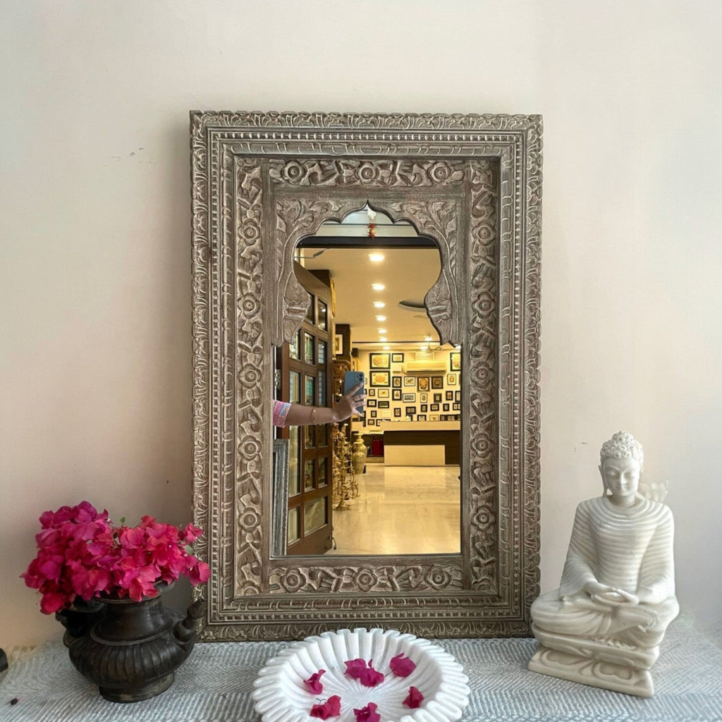 Hand-Carved Grey Wash Wooden Arch Mirror with Floral Border - DOBRI ARTS AU