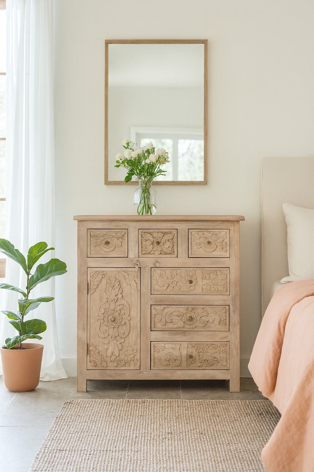 Hand-Carved Mango Wood Drawer Chest 96cm - DOBRI ARTS AU