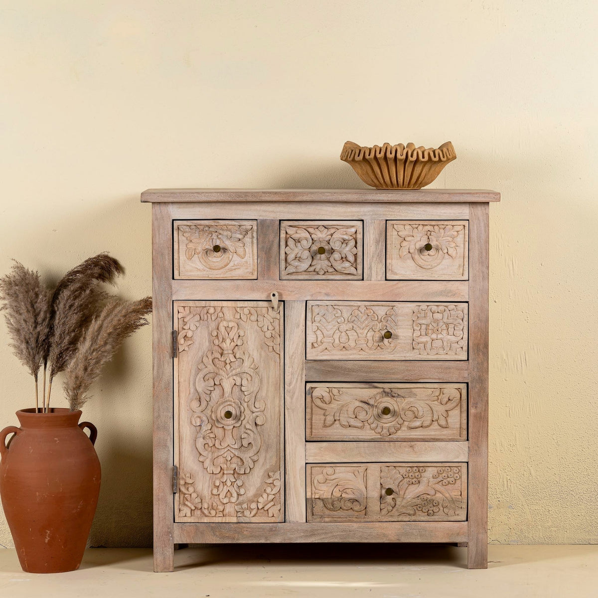 Hand-Carved Mango Wood Drawer Chest 96cm - DOBRI ARTS AU