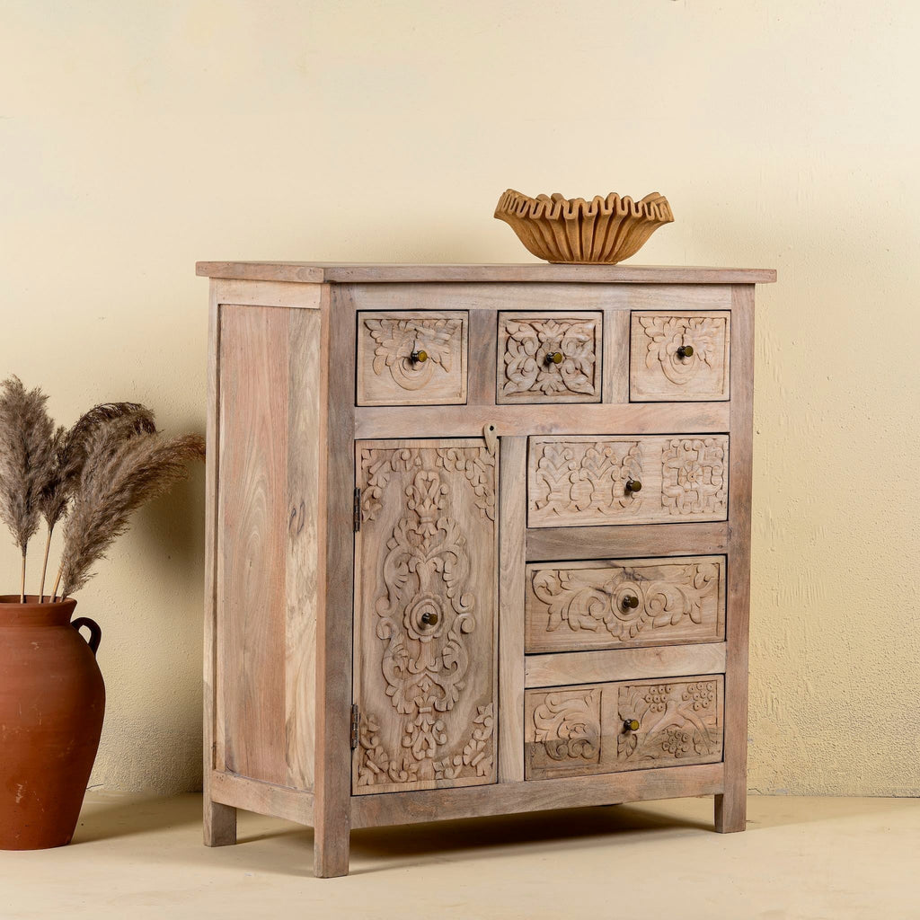 Hand-Carved Mango Wood Drawer Chest 96cm - DOBRI ARTS AU