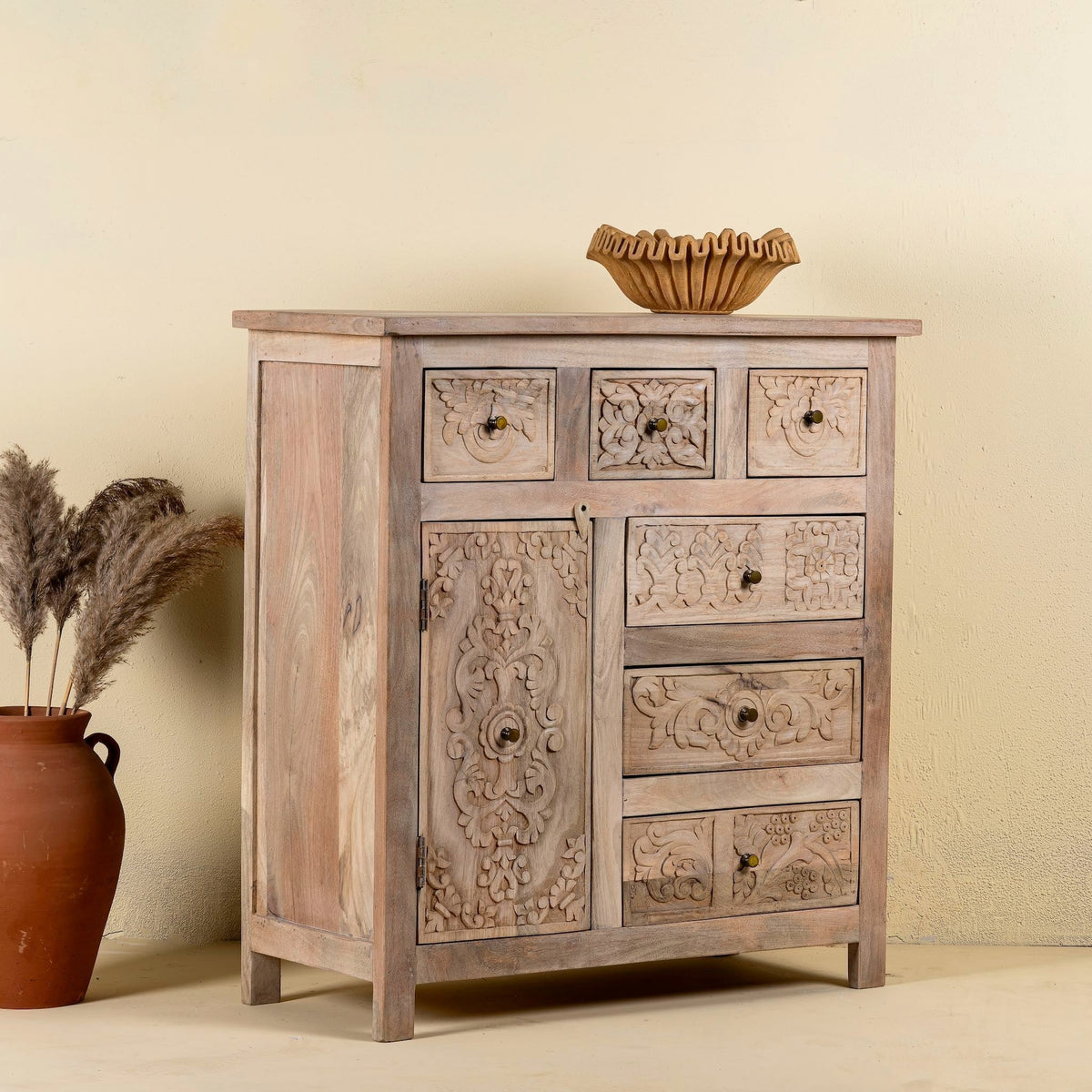 Hand-Carved Mango Wood Drawer Chest 96cm - DOBRI ARTS AU