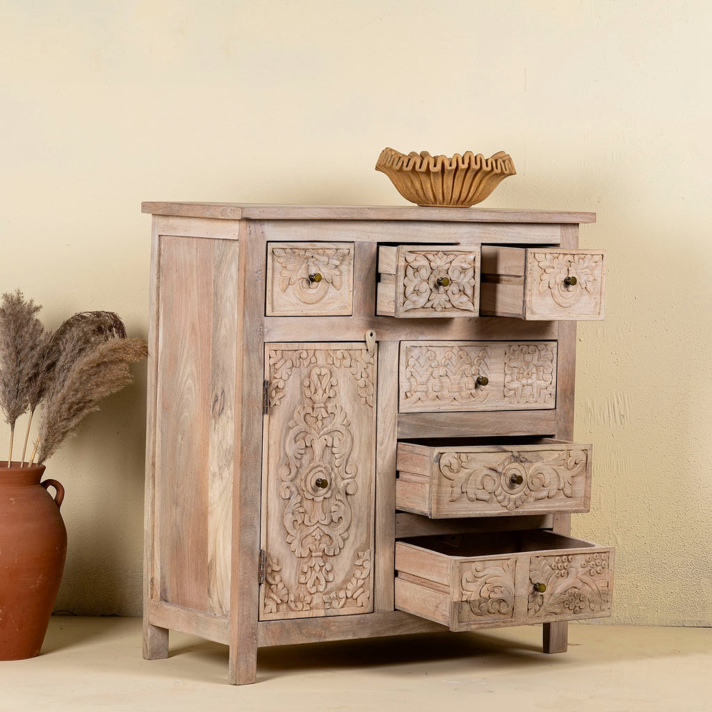 Hand-Carved Mango Wood Drawer Chest 96cm - DOBRI ARTS AU