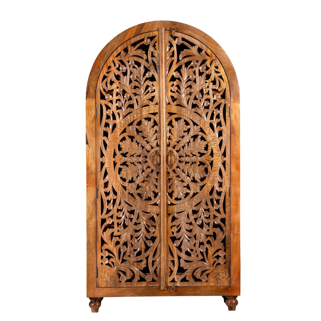 Hand-Carved Mango Wood Wardrobe – 190cm | Half-Round Design & Boho Vintage Charm - DOBRI ARTS AU