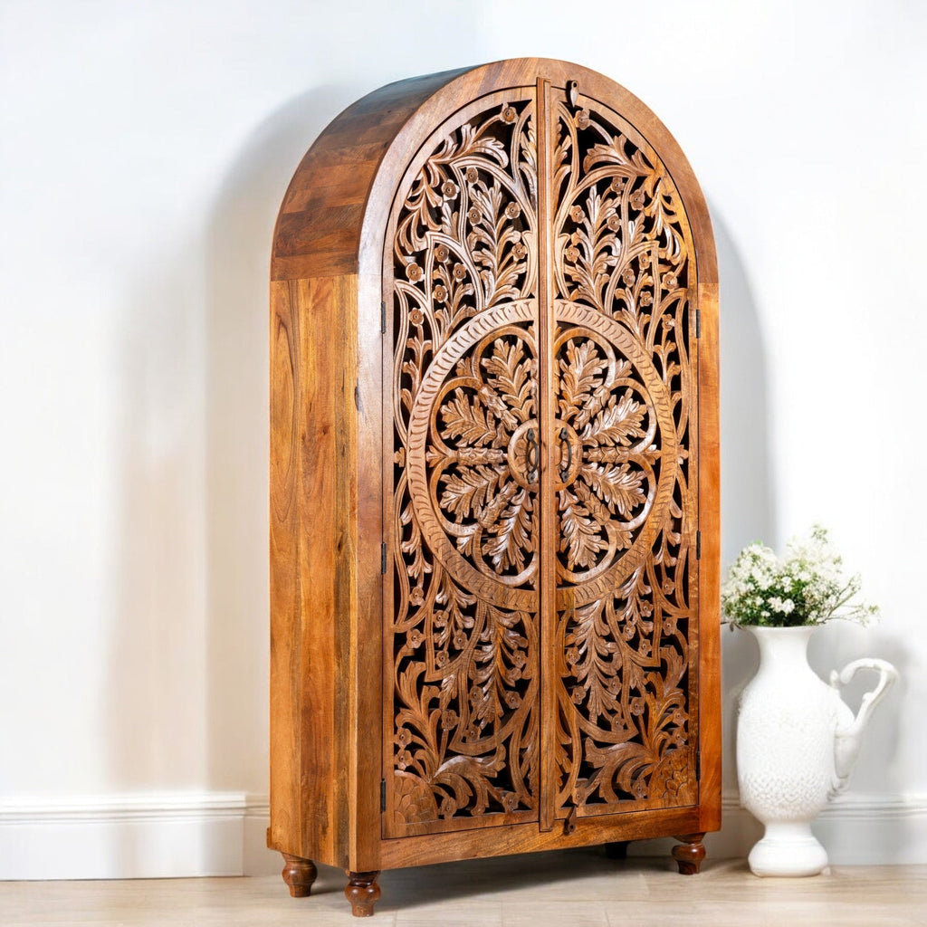 Hand-Carved Mango Wood Wardrobe – 190cm | Half-Round Design & Boho Vintage Charm - DOBRI ARTS AU