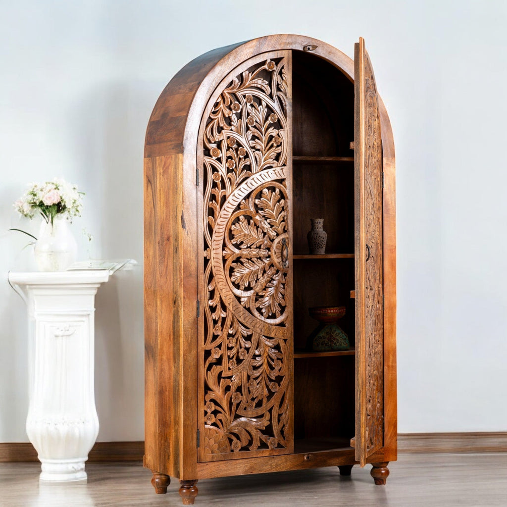 Hand-Carved Mango Wood Wardrobe – 190cm | Half-Round Design & Boho Vintage Charm - DOBRI ARTS AU
