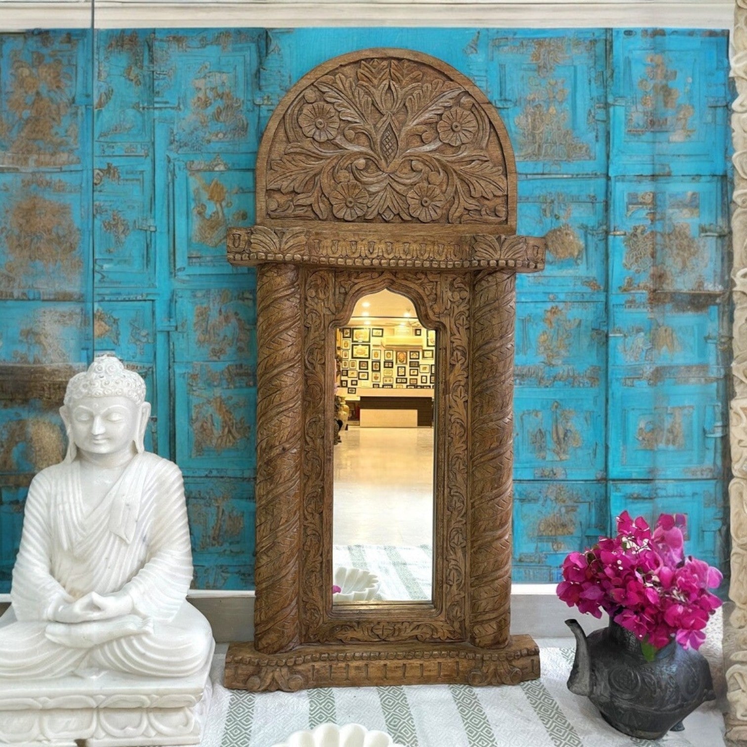 Hand-Carved Natural Wood Arched Floor Mirror Frame with Floral Crown Detailing - DOBRI ARTS AU