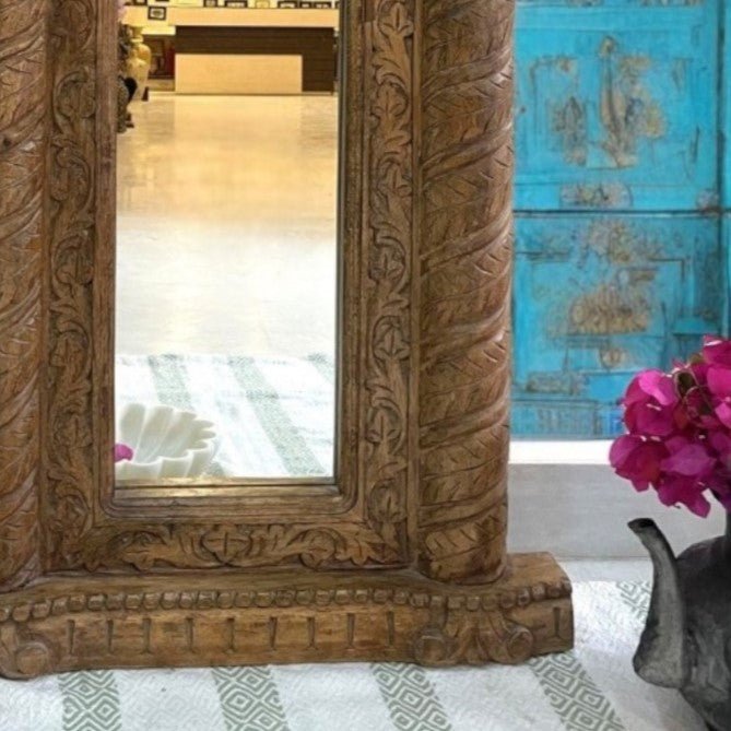 Hand-Carved Natural Wood Arched Floor Mirror Frame with Floral Crown Detailing - DOBRI ARTS AU