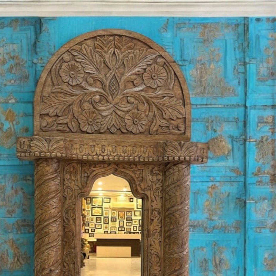 Hand-Carved Natural Wood Arched Floor Mirror Frame with Floral Crown Detailing - DOBRI ARTS AU
