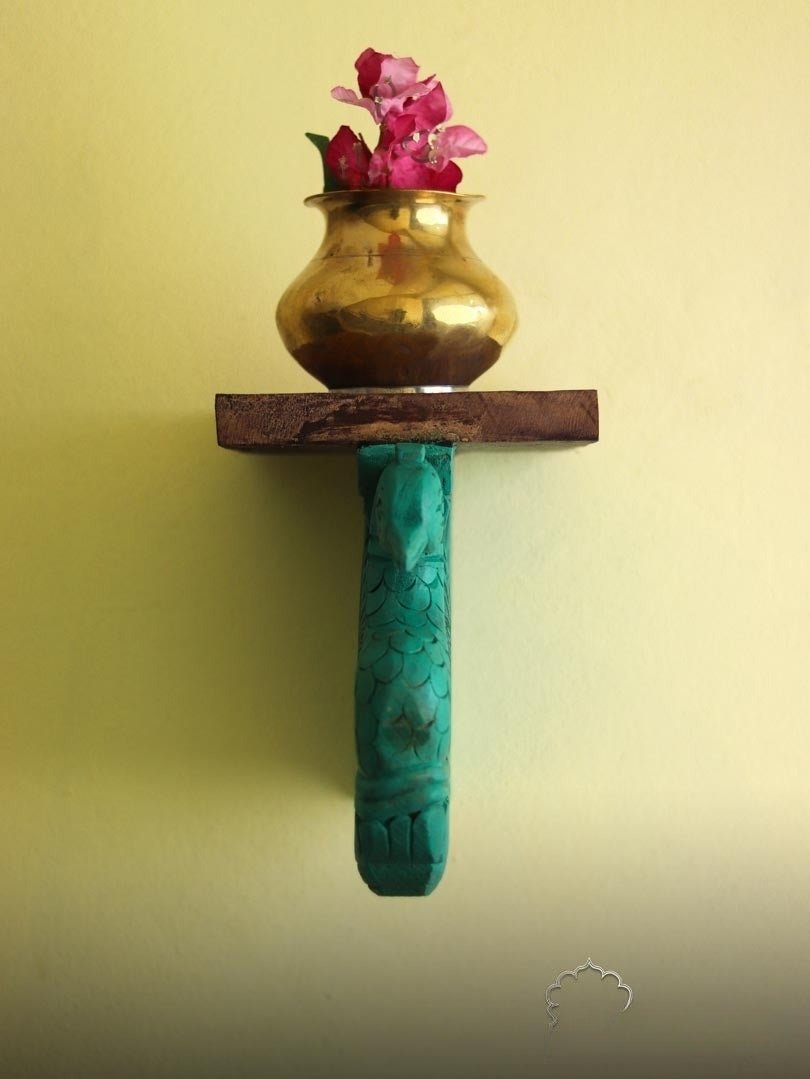 Hand-Carved Peacock Corbel Wall Shelf with Rustic Wood Top - DOBRI ARTS AU