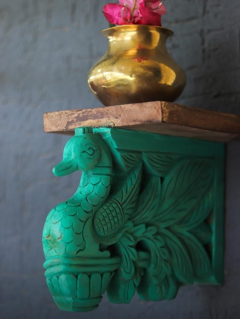 Hand-Carved Peacock Corbel Wall Shelf with Rustic Wood Top - DOBRI ARTS AU