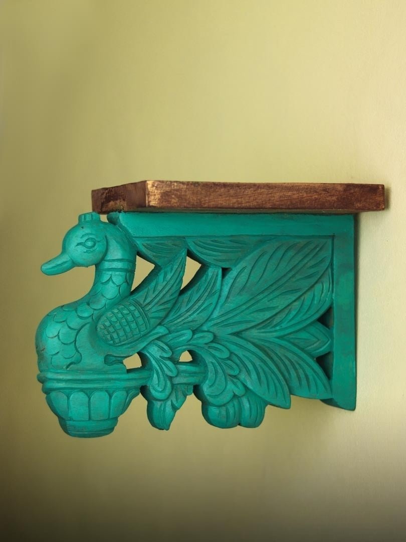 Hand-Carved Peacock Corbel Wall Shelf with Rustic Wood Top - DOBRI ARTS AU