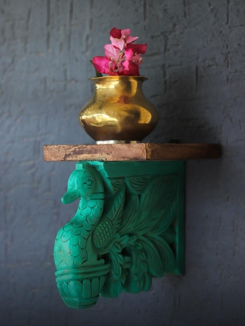 Hand-Carved Peacock Corbel Wall Shelf with Rustic Wood Top - DOBRI ARTS AU