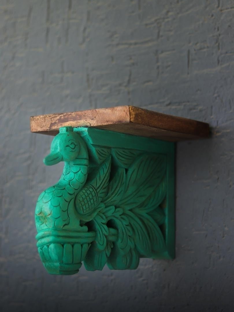 Hand-Carved Peacock Corbel Wall Shelf with Rustic Wood Top - DOBRI ARTS AU