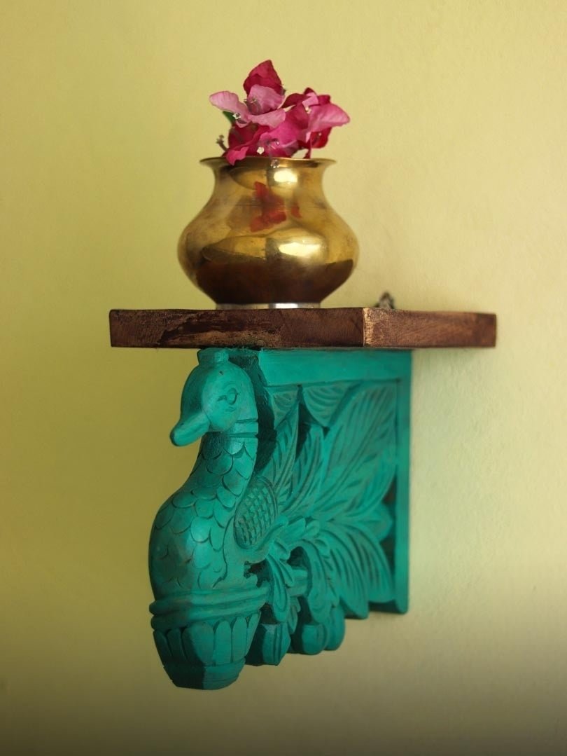 Hand-Carved Peacock Corbel Wall Shelf with Rustic Wood Top - DOBRI ARTS AU