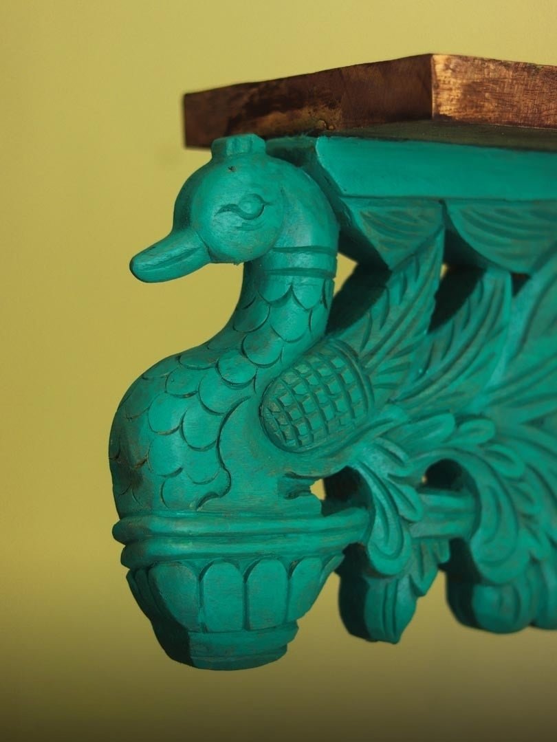 Hand-Carved Peacock Corbel Wall Shelf with Rustic Wood Top - DOBRI ARTS AU