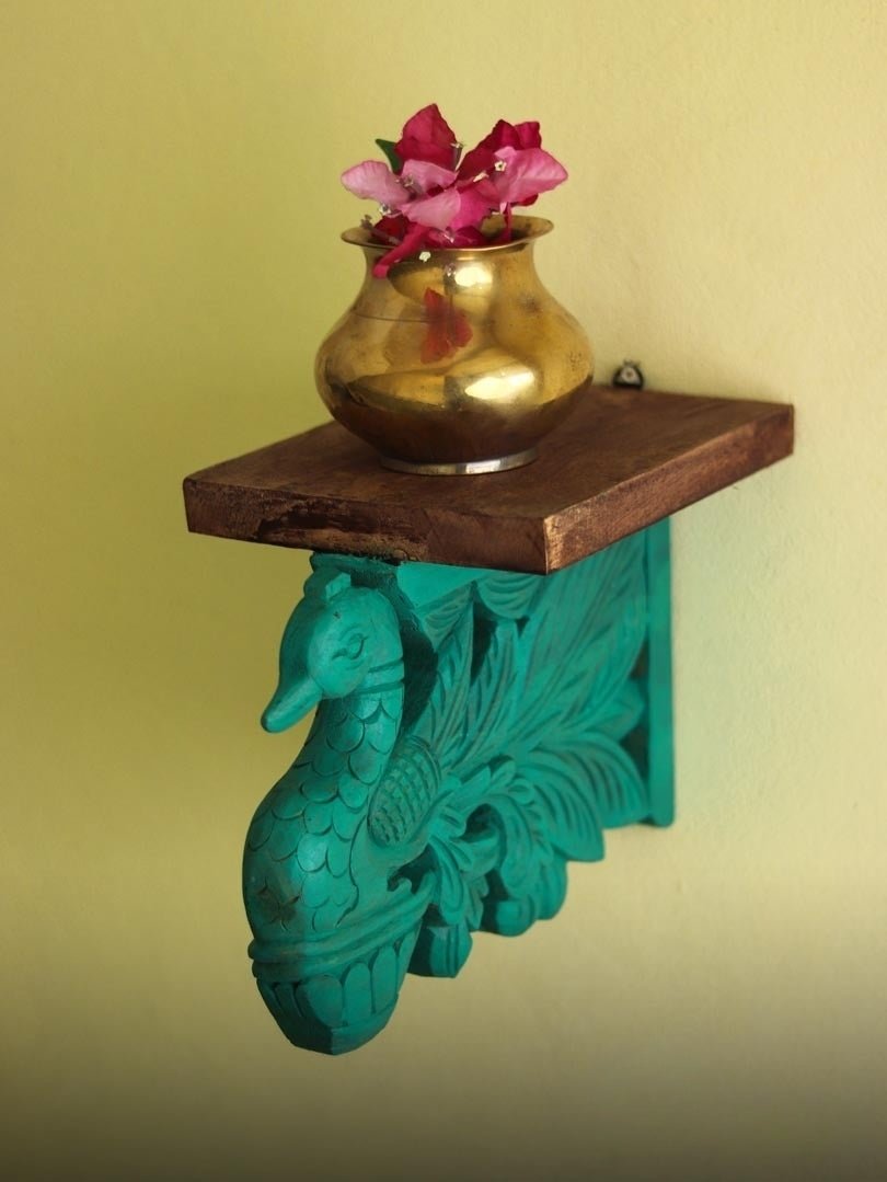 Hand-Carved Peacock Corbel Wall Shelf with Rustic Wood Top - DOBRI ARTS AU