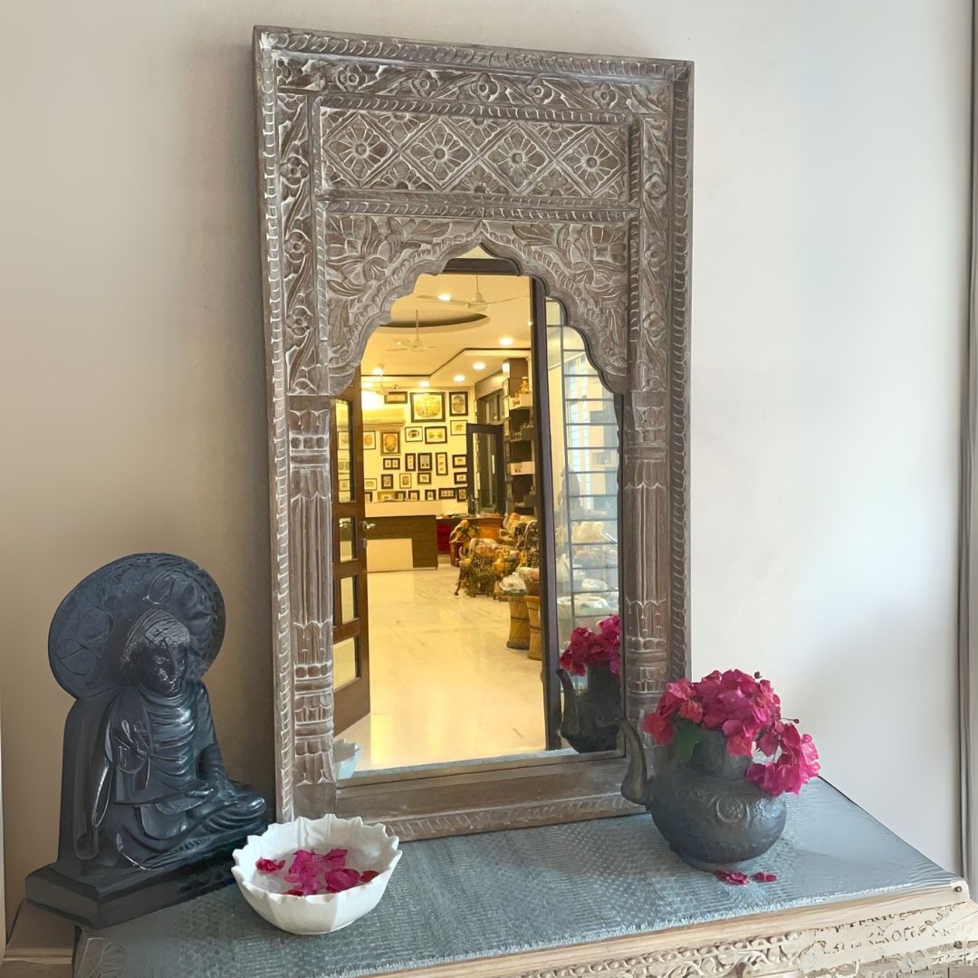 Hand-Carved Pinkwashed Arch Wooden Floor Mirror Frame - DOBRI ARTS AU