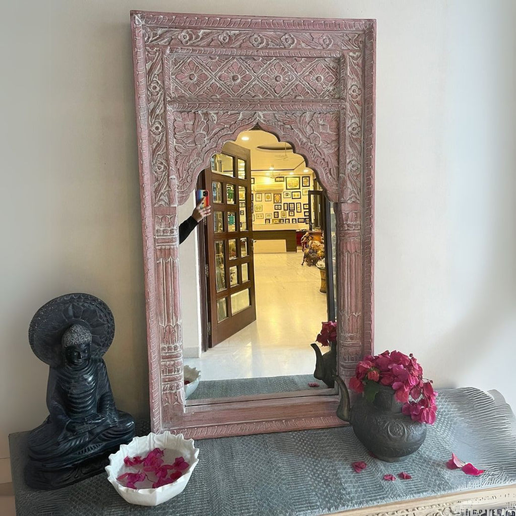 Hand-Carved Pinkwashed Arch Wooden Floor Mirror Frame - DOBRI ARTS AU