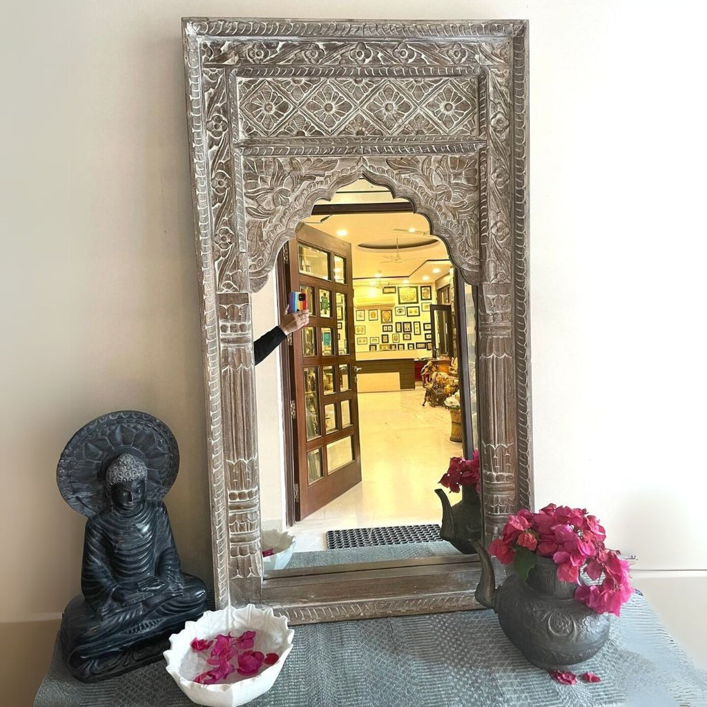 Hand-Carved Pinkwashed Arch Wooden Floor Mirror Frame - DOBRI ARTS AU