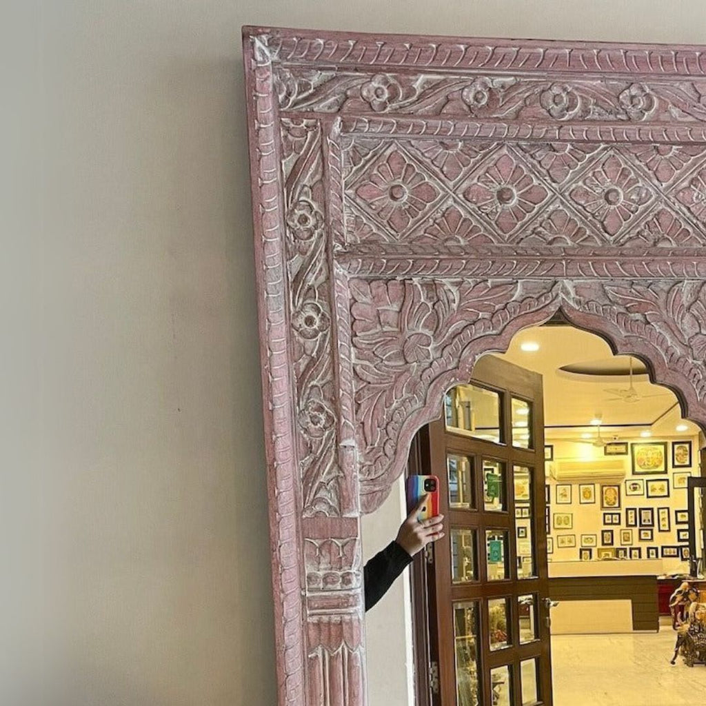 Hand-Carved Pinkwashed Arch Wooden Floor Mirror Frame - DOBRI ARTS AU