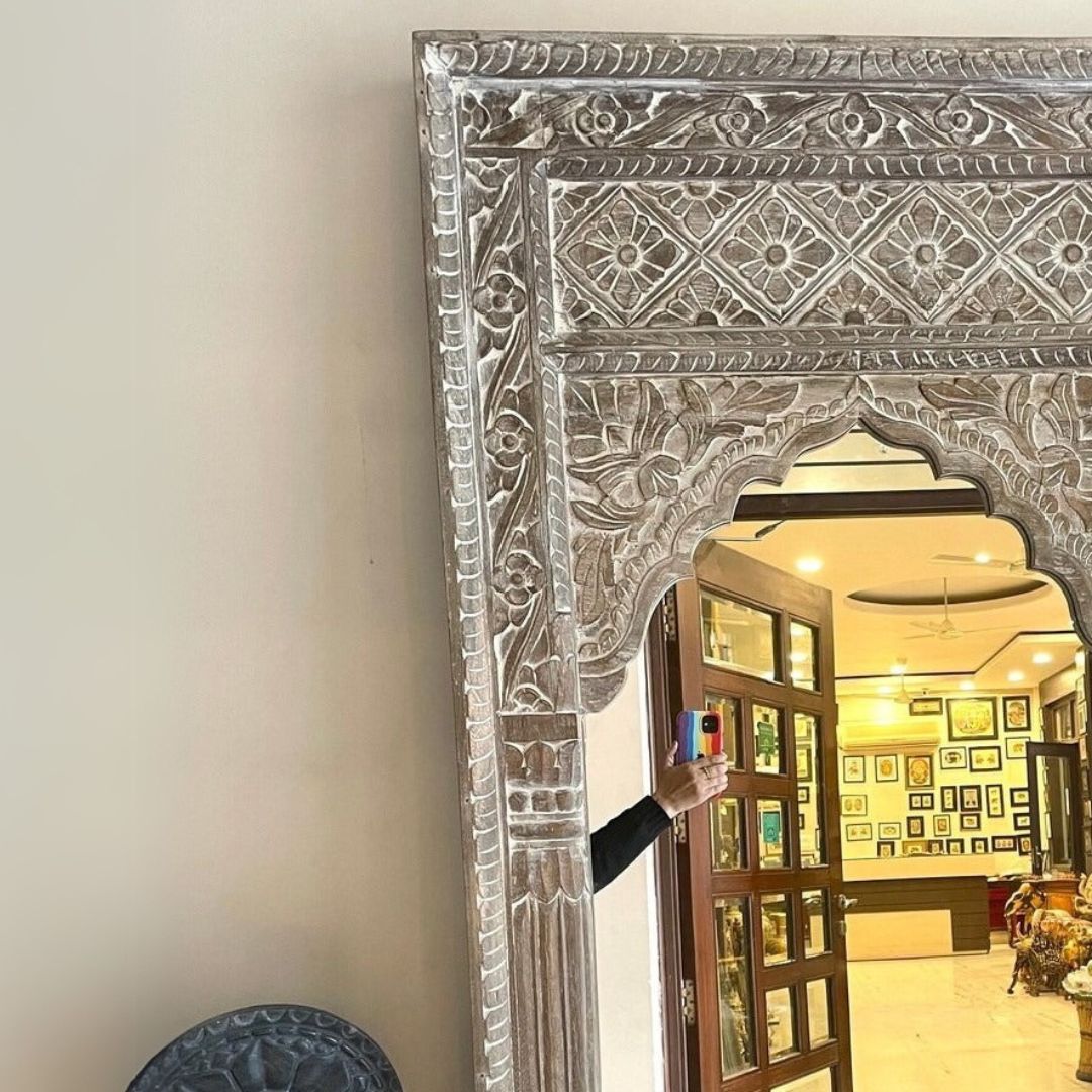 Hand-Carved Pinkwashed Arch Wooden Floor Mirror Frame - DOBRI ARTS AU