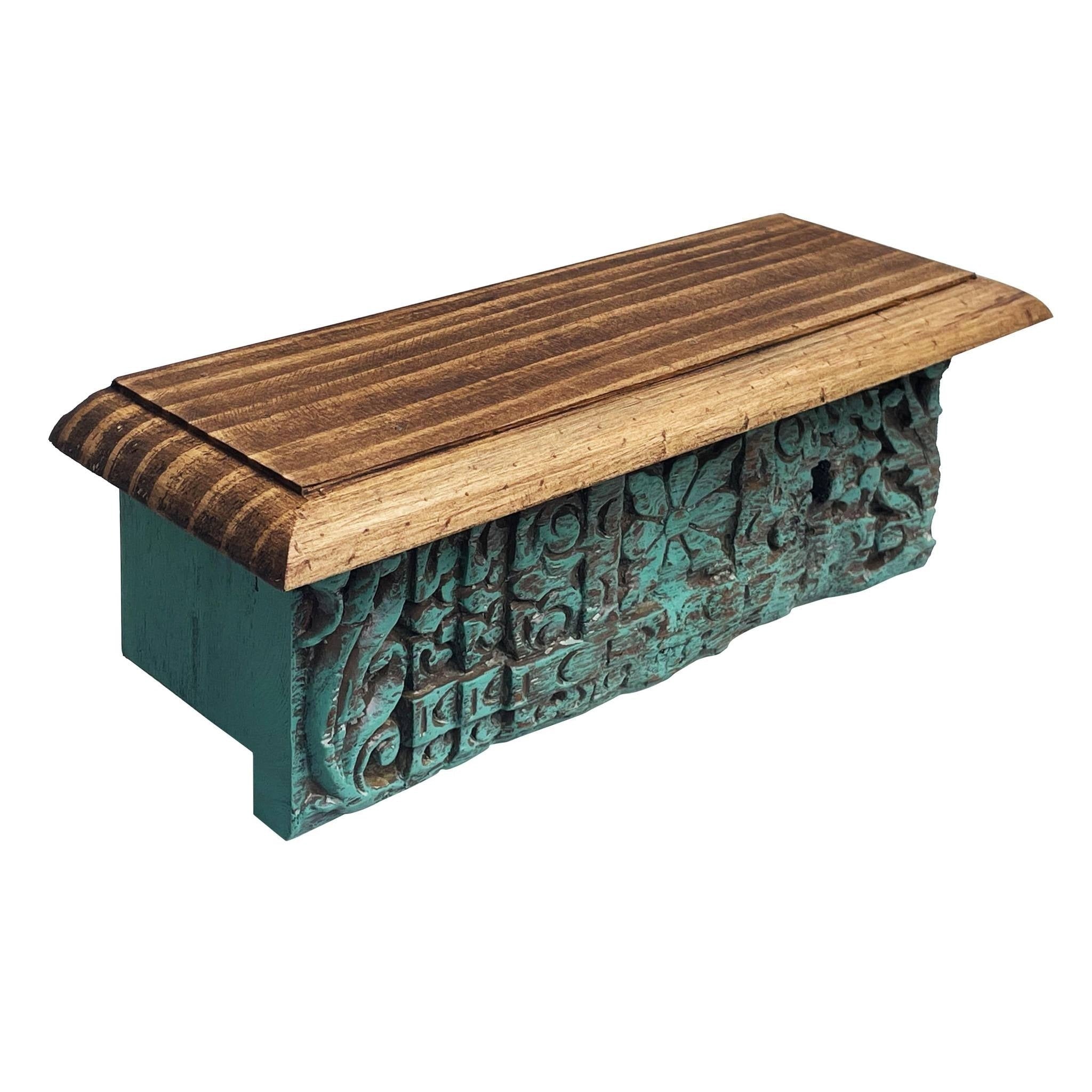 Hand-Carved Reclaimed Wood Wall Shelf with Distressed Green Patina (Set of 3 ) - DOBRI ARTS AU