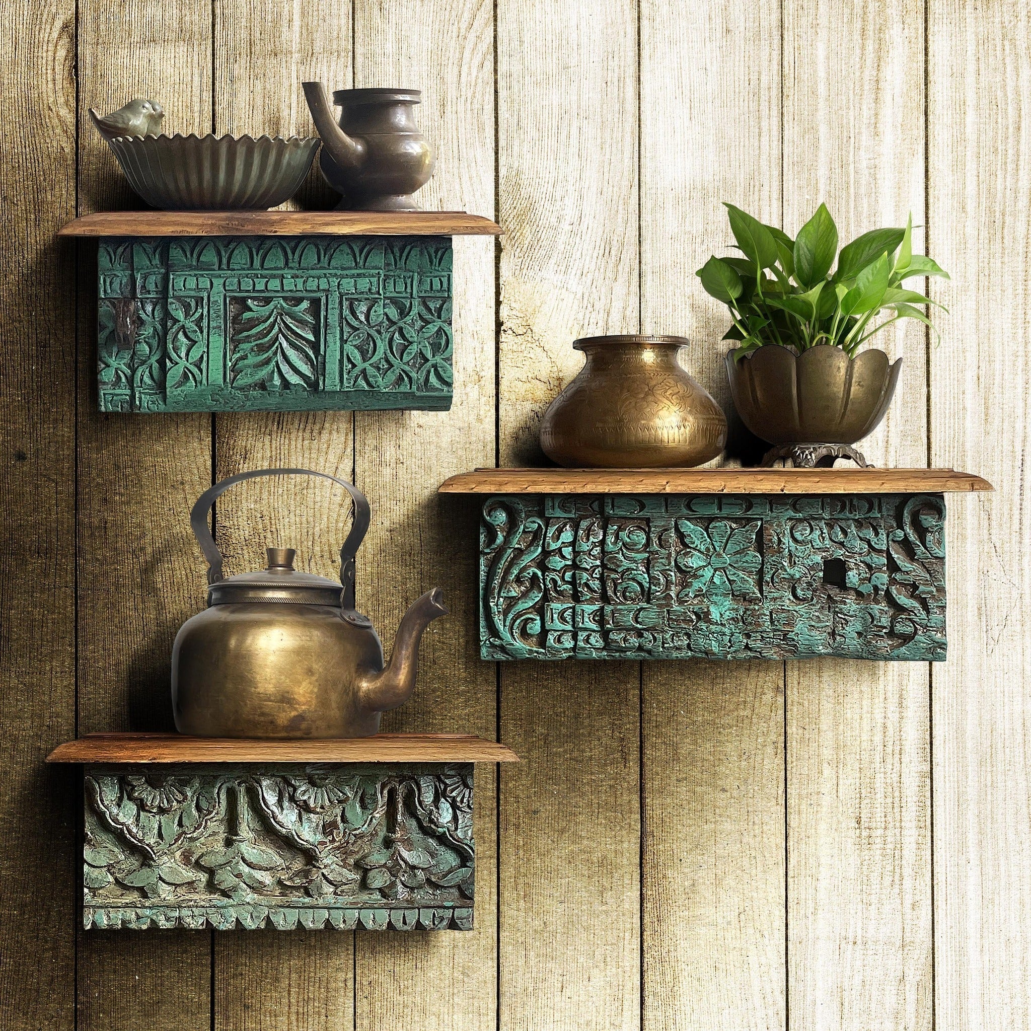 Hand-Carved Reclaimed Wood Wall Shelf with Distressed Green Patina (Set of 3 ) - DOBRI ARTS AU