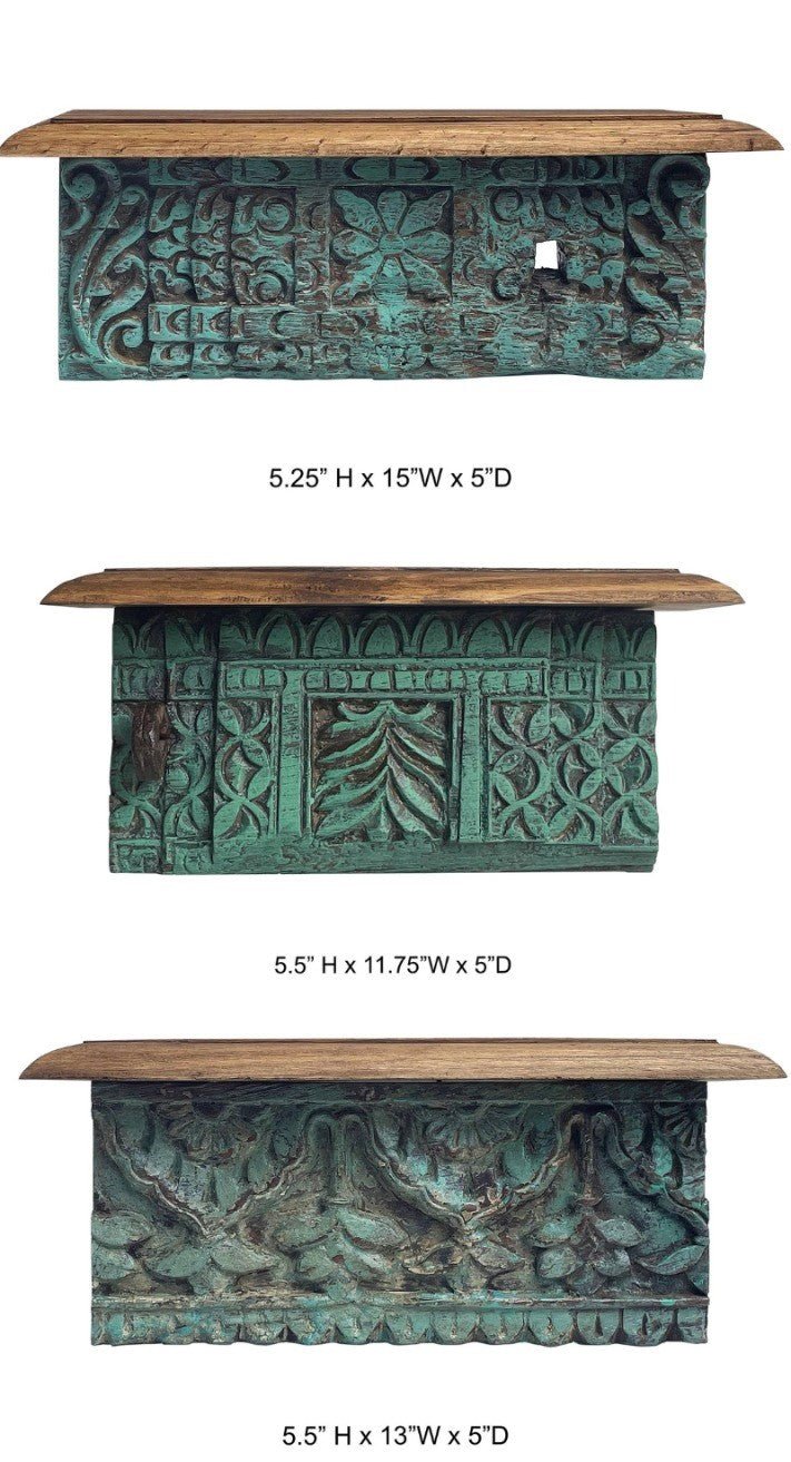 Hand-Carved Reclaimed Wood Wall Shelf with Distressed Green Patina (Set of 3 ) - DOBRI ARTS AU