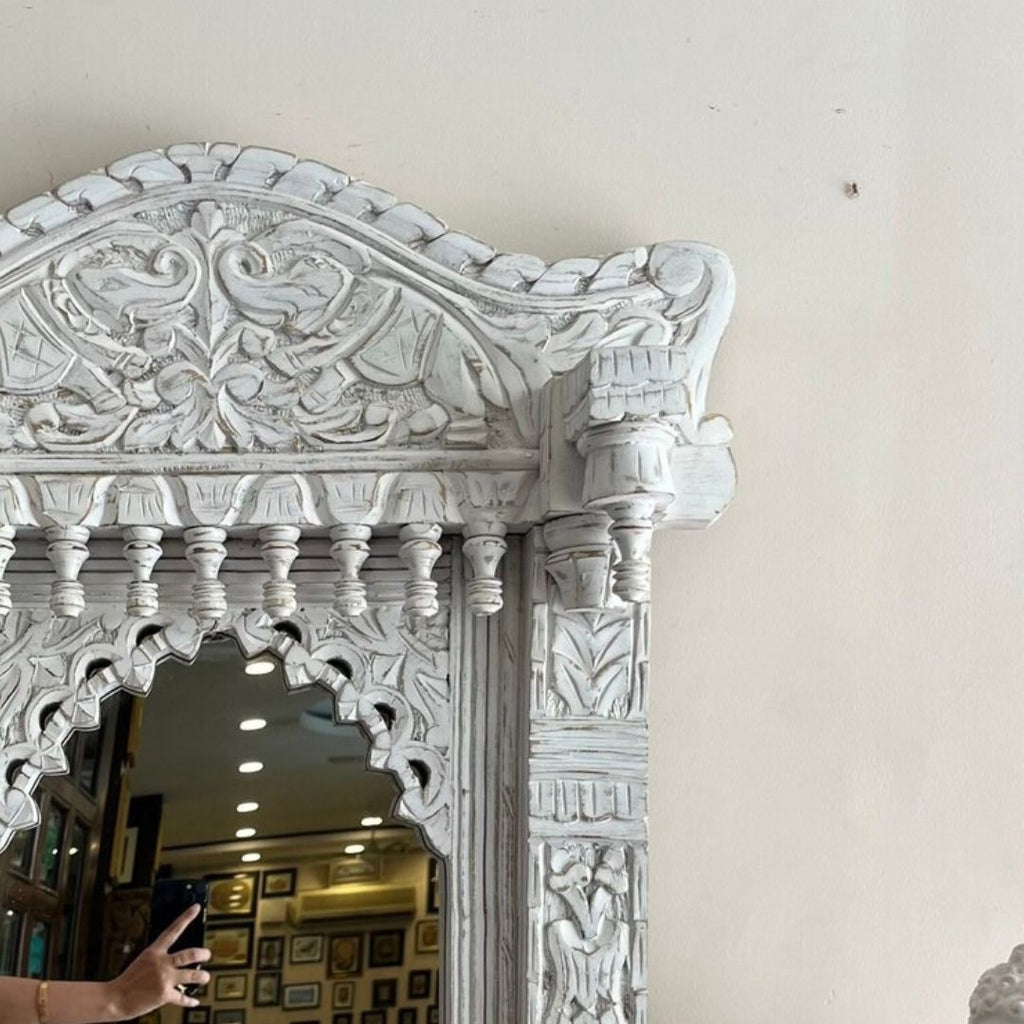 Hand-Carved Teal Arch Wooden Mirror Frame with Distressed Finish - DOBRI ARTS AU
