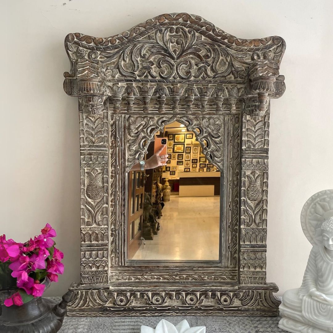 Hand-Carved Teal Arch Wooden Mirror Frame with Distressed Finish - DOBRI ARTS AU