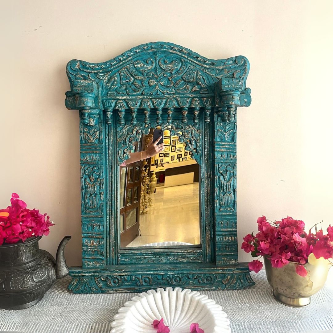 Hand-Carved Teal Arch Wooden Mirror Frame with Distressed Finish - DOBRI ARTS AU