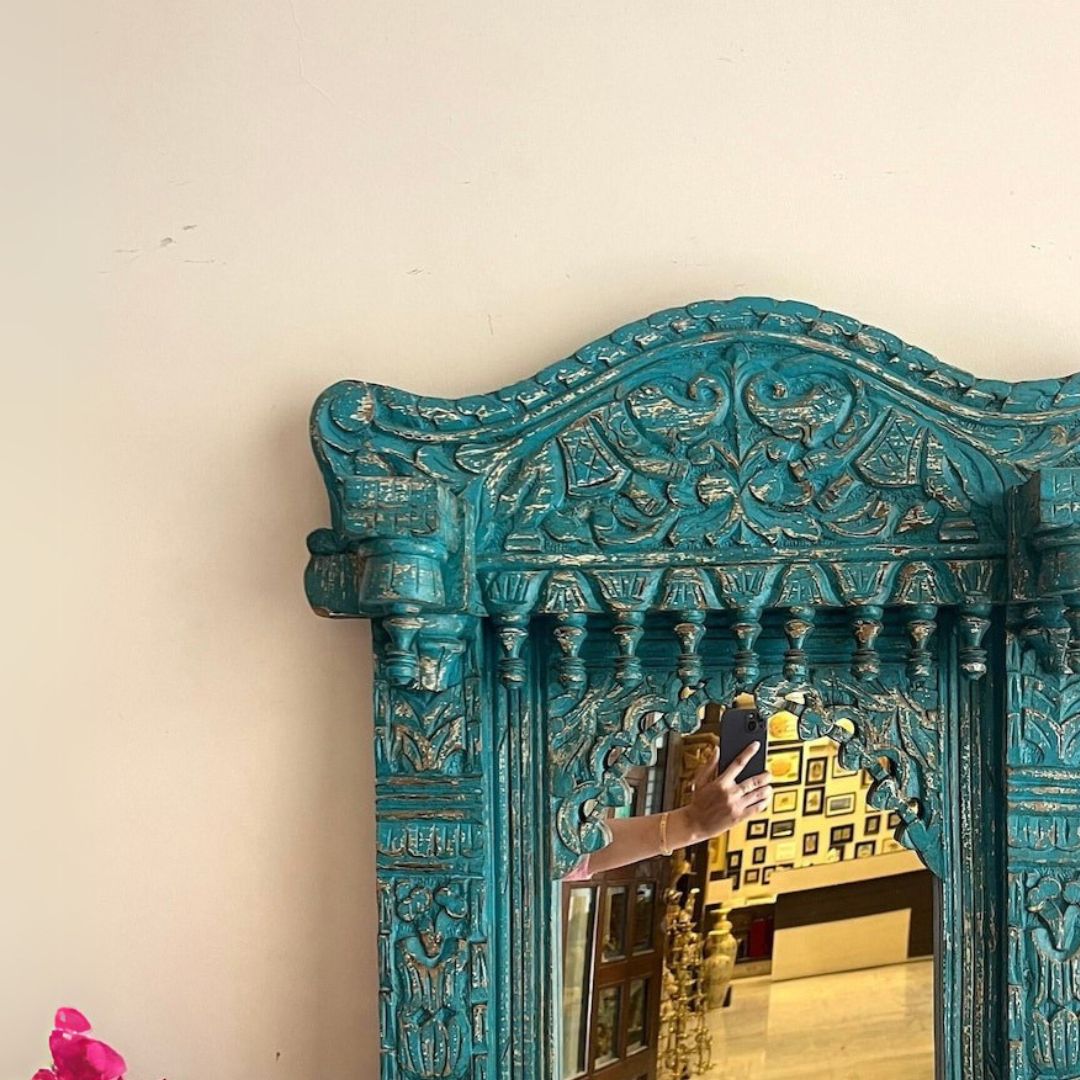 Hand-Carved Teal Arch Wooden Mirror Frame with Distressed Finish - DOBRI ARTS AU