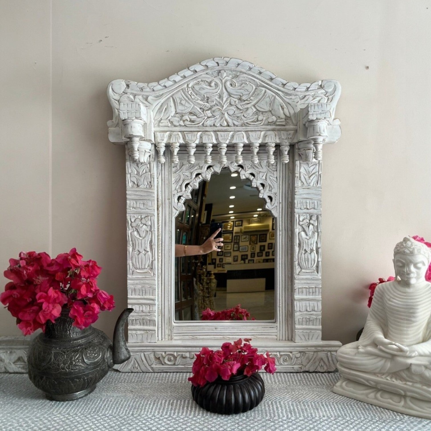 Hand-Carved Teal Arch Wooden Mirror Frame with Distressed Finish - DOBRI ARTS AU