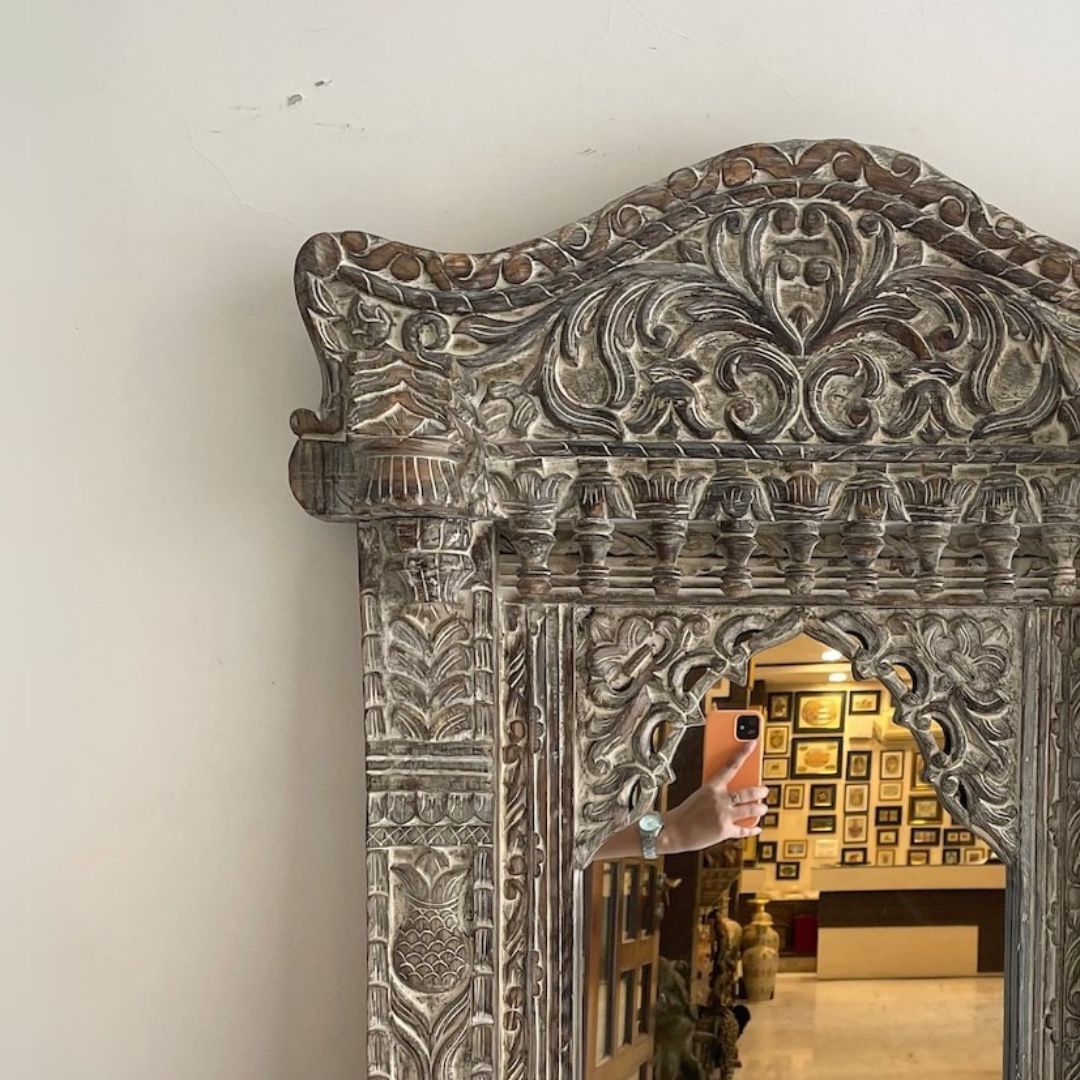 Hand-Carved Teal Arch Wooden Mirror Frame with Distressed Finish - DOBRI ARTS AU
