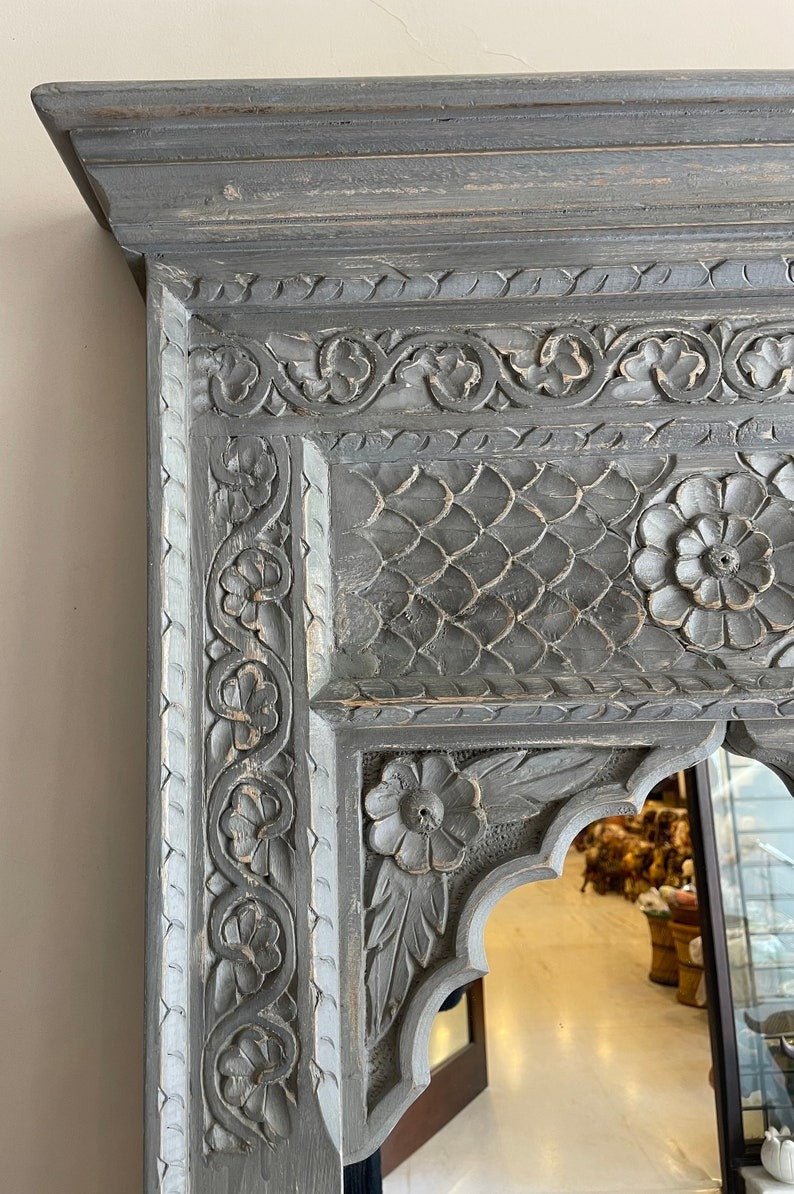 Hand-Carved Teal Jharokha Style Wooden Mirror with Arched Frame - DOBRI ARTS AU
