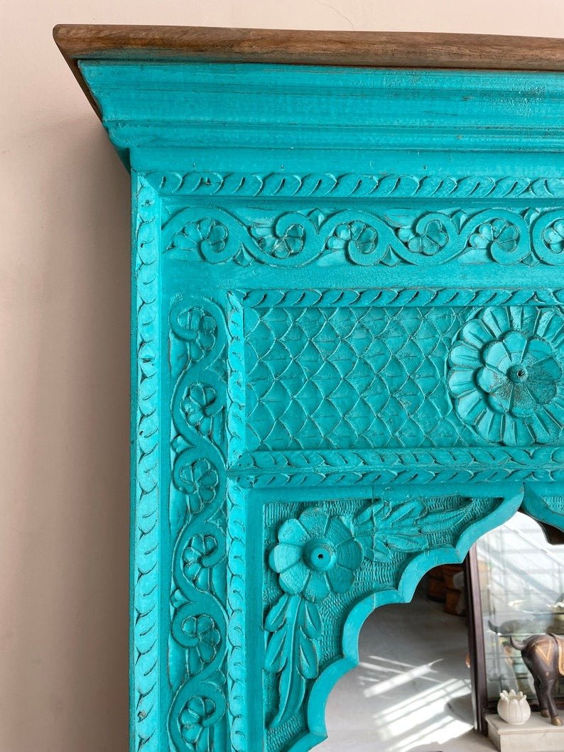 Hand-Carved Teal Jharokha Style Wooden Mirror with Arched Frame - DOBRI ARTS AU