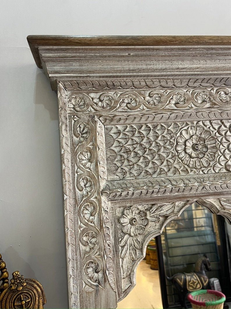 Hand-Carved Teal Jharokha Style Wooden Mirror with Arched Frame - DOBRI ARTS AU