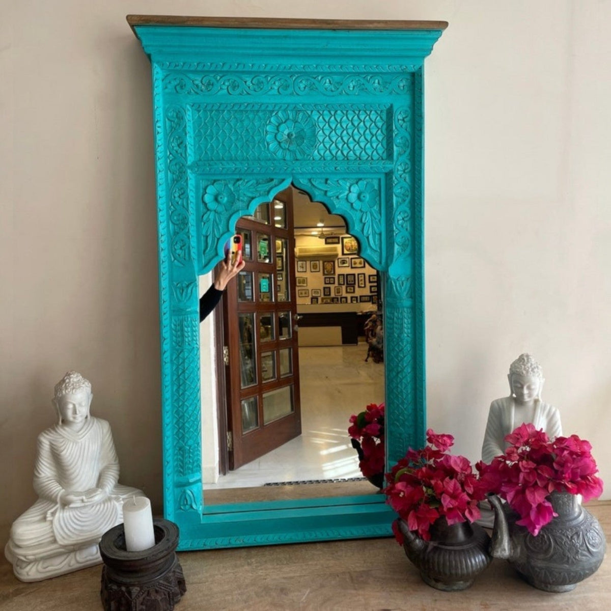 Hand-Carved Teal Jharokha Style Wooden Mirror with Arched Frame - DOBRI ARTS AU