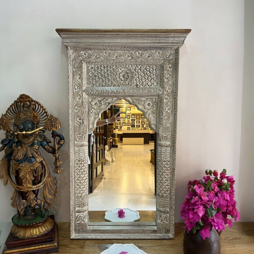 Hand-Carved Teal Jharokha Style Wooden Mirror with Arched Frame - DOBRI ARTS AU