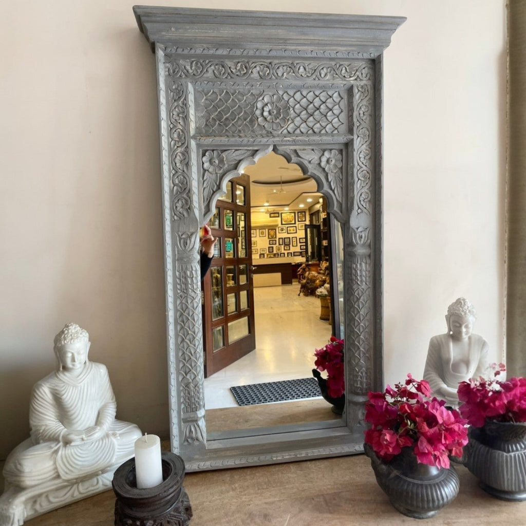 Hand-Carved Teal Jharokha Style Wooden Mirror with Arched Frame - DOBRI ARTS AU